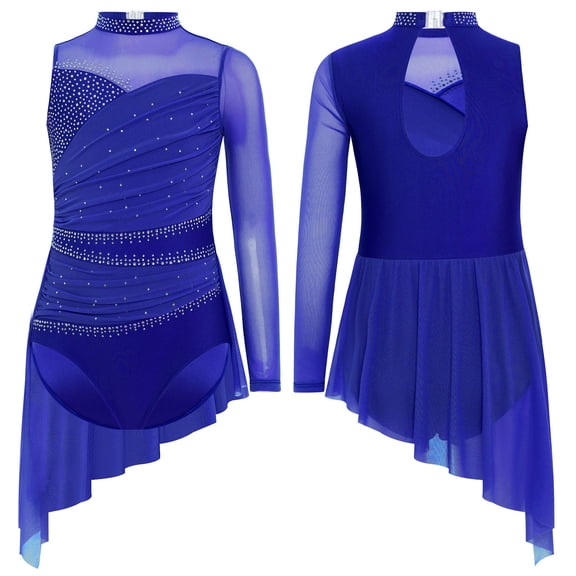 Doomiva Kids Girls Lyrical Dance Dress Asymmetric High-Low Mesh Skirted Leotard Rhinestone Figure Ice Skating Dress Royal Blue 12