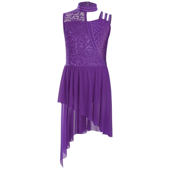 Doomiva Kids Girls Lyrical Dance Dress Floral Lace Contemporary Dance Dress Sleeveless Ballet Leotard High Low Skirt Purple 6