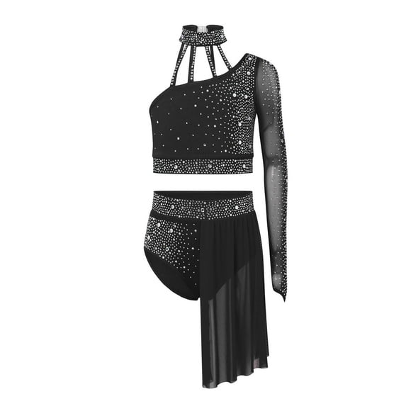 Doomiva Kids Girls Lyrical Dance Dress One Shoulder Crop Top with Skirt Leotard 2-Piece Ballet Dance Outfits Black 10