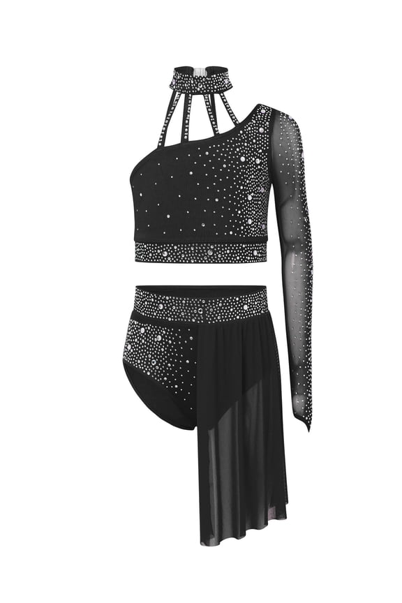 Kids Girls Lyrical Dance Dress One Shoulder Crop Top with Skirt Leotard 2-Piece Ballet Dance Outfits Black 8