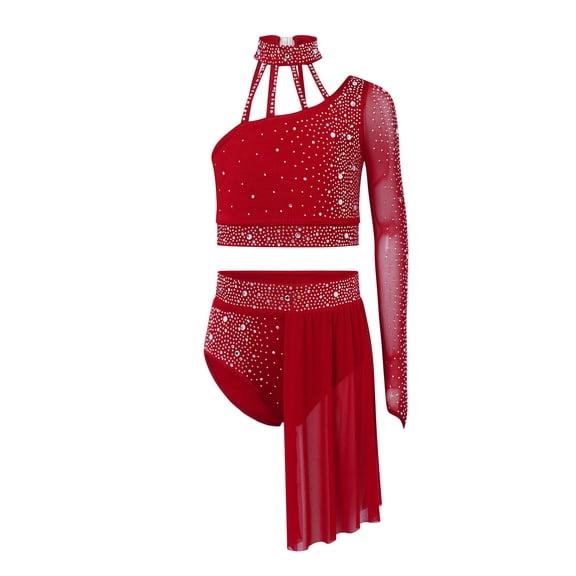 Doomiva Kids Girls Lyrical Dance Dress One Shoulder Crop Top with Skirt Leotard 2-Piece Ballet Dance Outfits Burgundy 14