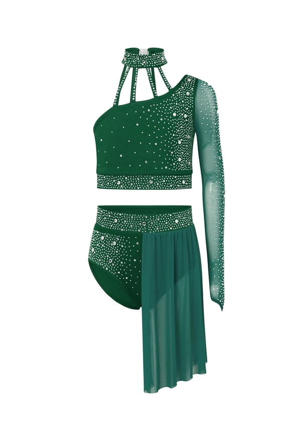 Kids Girls Lyrical Dance Dress One Shoulder Crop Top with Skirt Leotard 2-Piece Ballet Dance Outfits Dark Green 8
