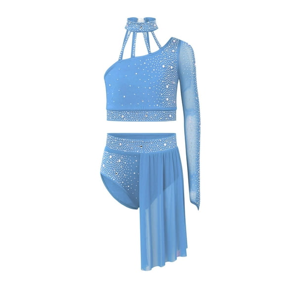 Doomiva Kids Girls Lyrical Dance Dress One Shoulder Crop Top with Skirt Leotard 2-Piece Ballet Dance Outfits Light Blue 10