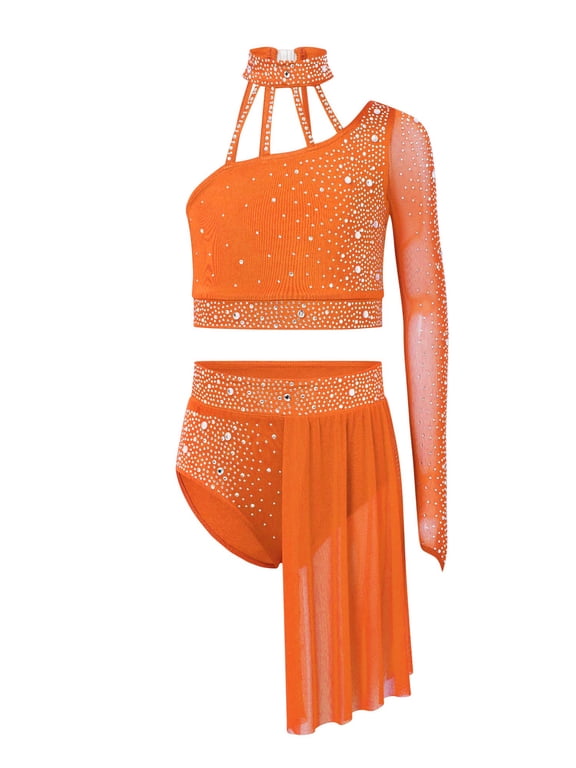 Kids Girls Lyrical Dance Dress One Shoulder Crop Top with Skirt Leotard 2-Piece Ballet Dance Outfits Orange 10
