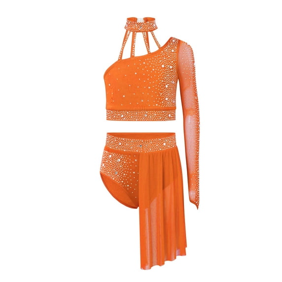 Doomiva Kids Girls Lyrical Dance Dress One Shoulder Crop Top with Skirt Leotard 2-Piece Ballet Dance Outfits Orange 8