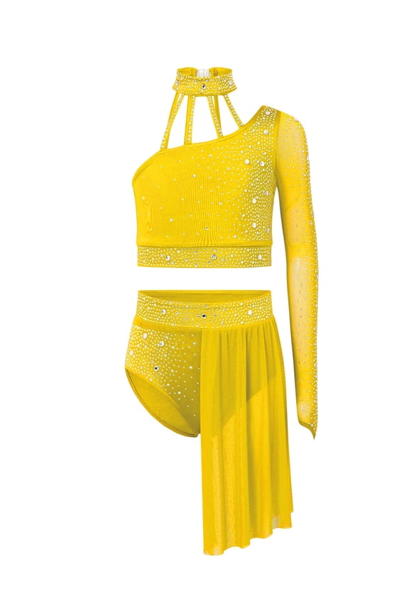 Kids Girls Lyrical Dance Dress One Shoulder Crop Top with Skirt Leotard 2-Piece Ballet Dance Outfits Yellow 8