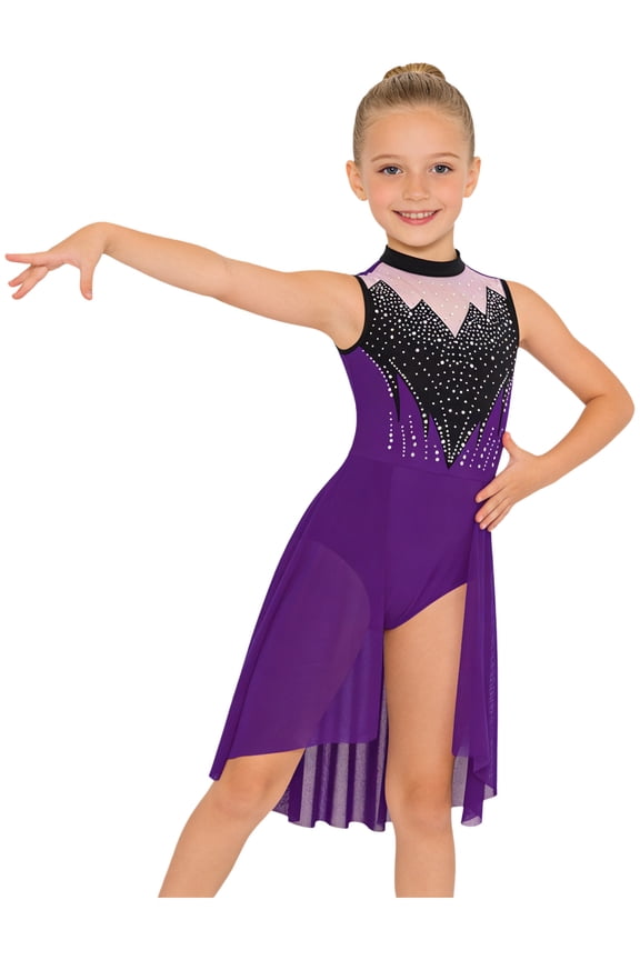 Kids Girls Lyrical Dance Dress Rhinestone Ballet Gymnastics Leotard Ice Skating Dress for Competition Purple 8