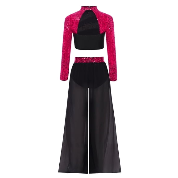 Doomiva Kids Girls Lyrical Dance Outfit 2 Piece Contemporary Dancewear Sparkly Crop Tops with Mesh Wide Leg Pants Hot Pink 10