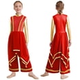 thumbnail image 1 of Doomiva Kids Girls Lyrical Praise Dance Outfit Long Sleeve Irregular Hem Worship Gold Trim Dress with Wide Leg Pants Red 16, 1 of 6
