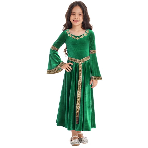 Doomiva Kids Girls Medieval Princess Halloween Dress-up Renaissance Velvet Bell Sleeve Maxi Dress Maiden Robe Gown Green 12