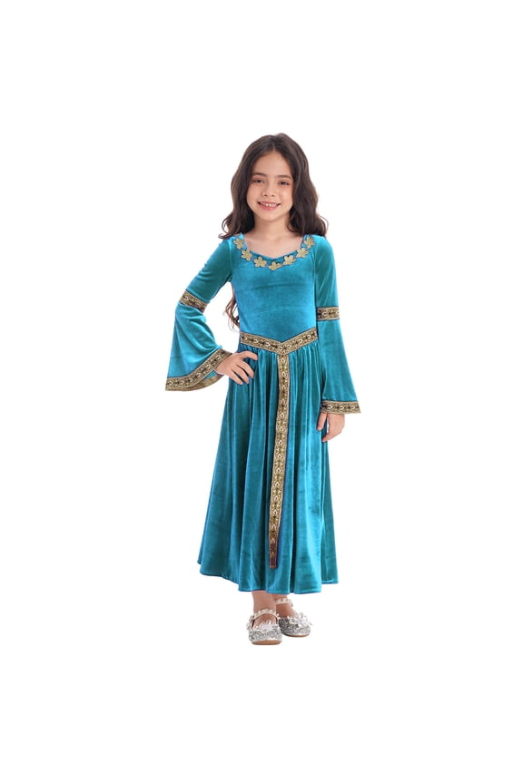 Kids Girls Medieval Princess Halloween Dress-up Renaissance Velvet Bell Sleeve Maxi Dress Maiden Robe Gown Light Blue 6
