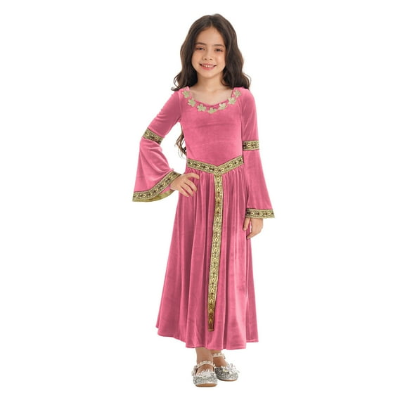 Doomiva Kids Girls Medieval Princess Halloween Dress-up Renaissance Velvet Bell Sleeve Maxi Dress Maiden Robe Gown Pink 6