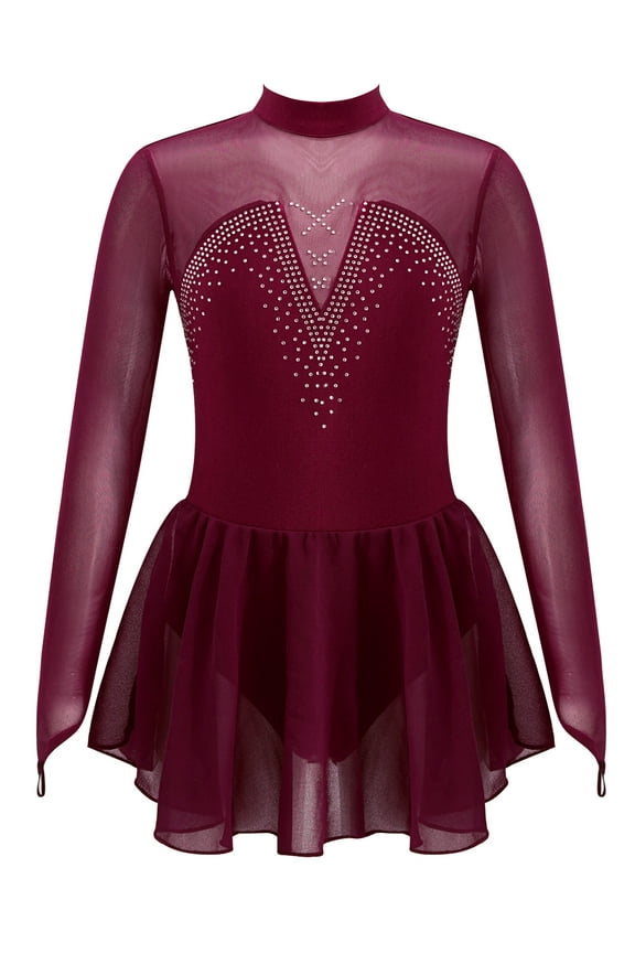 Kids Girls Mesh Long Sleeve Figure Ice Skating Ballet Dance Dress Gymnastic Leotard Tutu Dress Burgundy 6