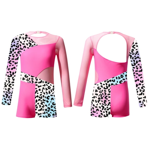 Doomiva Kids Girls Mesh Long Sleeve Keyhole Back Gymnastics Leotard Ballet Dance Biketard Tumbling Uniform Pink Leopard 12