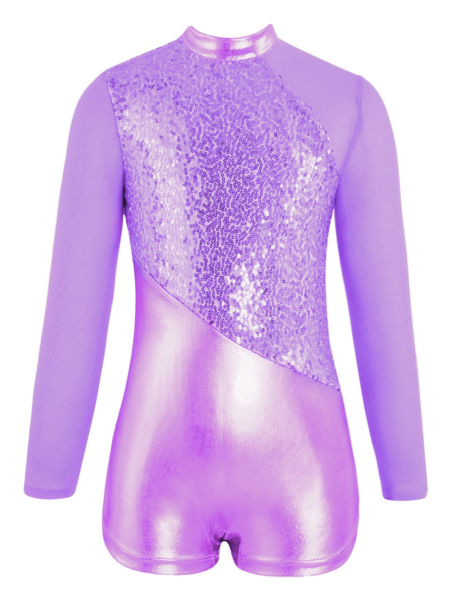 Haitryli Kids Girls Shiny Long Sleeve Gymnastics Dance Leotard Romper Yoga Biketard Unitard With Hair Band Set Purple 8