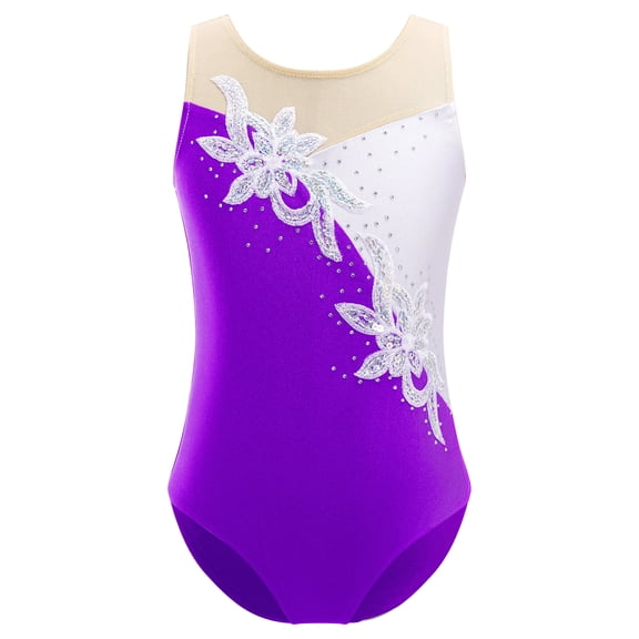 Doomiva Kids Girls Mesh Splice Shiny Embroidery Diamonds Gymnastic Ballet Dance Leotard Skating Jumpsuit Purple 10