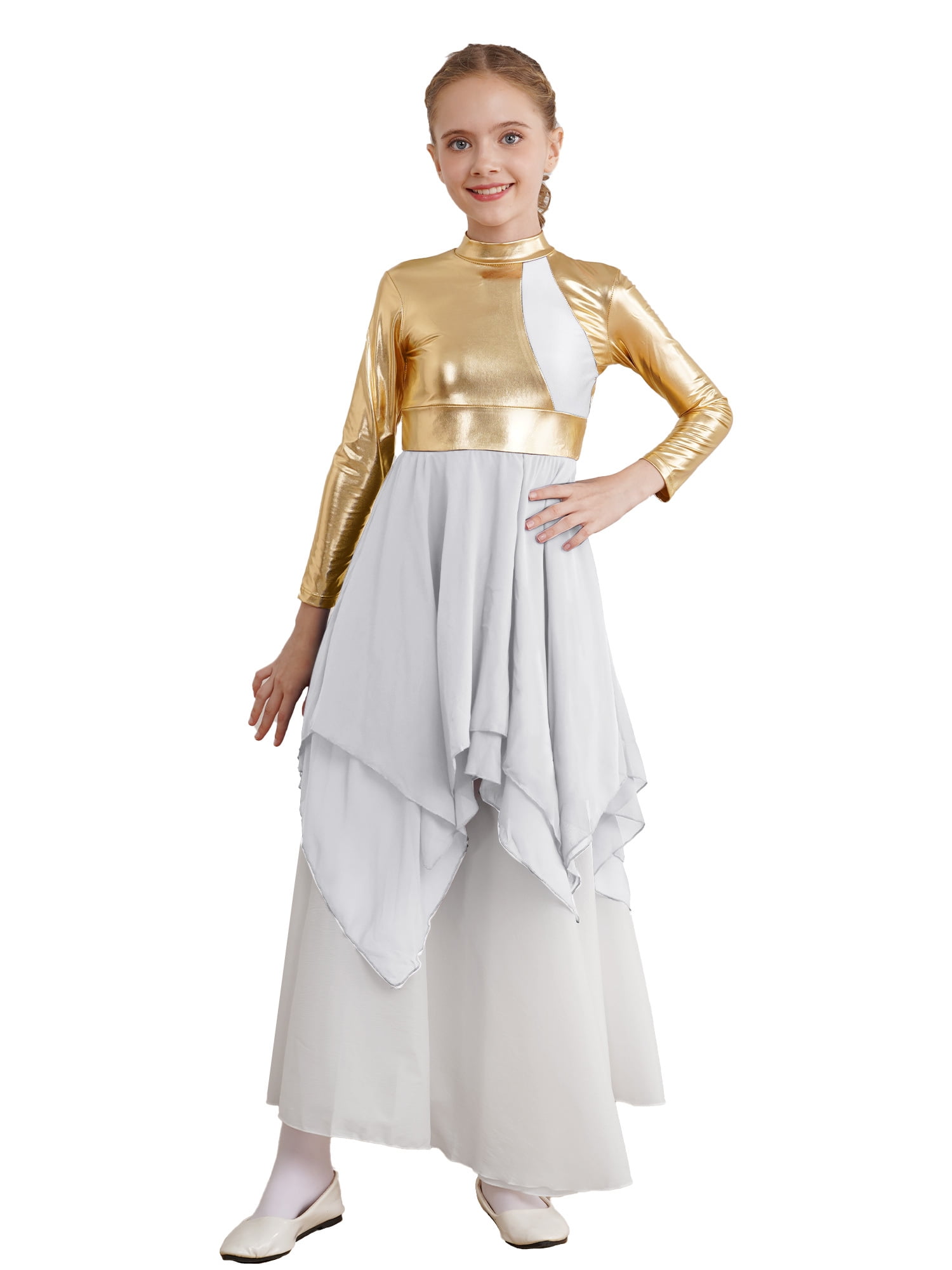 Girls' Long Sleeve Lyrical Dance Dress - Church Worship Robe With Gold Trim