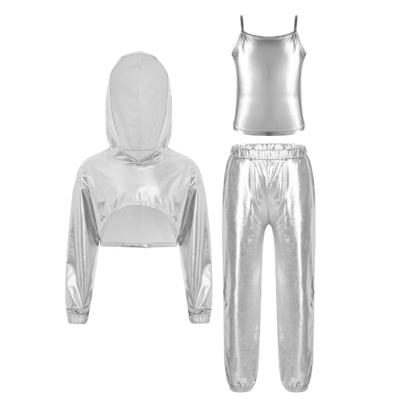 Doomiva Kids Girls Metallic Hip Hop Jazz Dance Outfit Asymmetrical Hem Cropped Hoodie with Camisole and Pants Set Silver 8