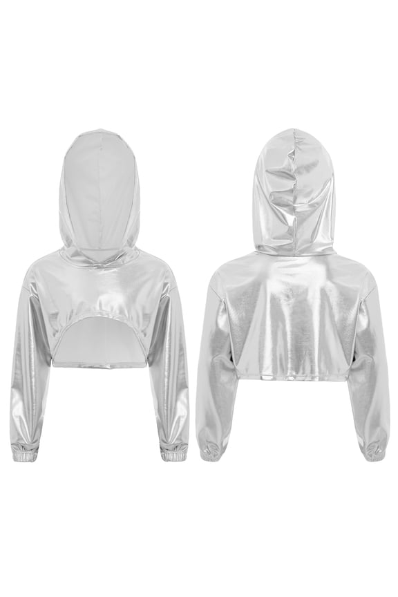 Kids Girls Metallic Jazz Hip Hop Dance Crop Tops Long Sleeve Cropped Hoodies Shiny Pullover Sweatshirt Club Silver 8