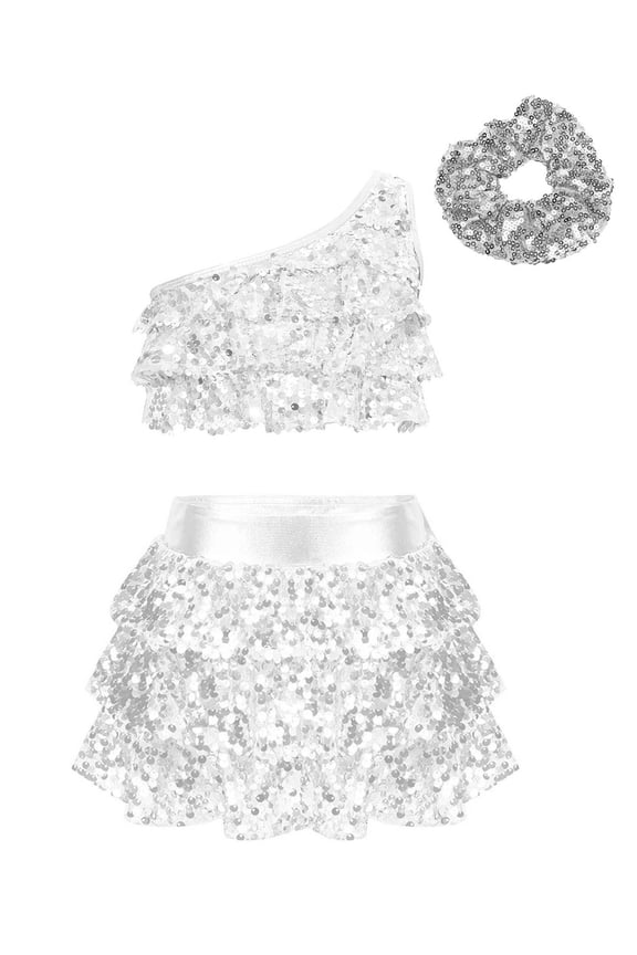 Kids Girls Metallic Jazz Latin Ballet Dance Crop Top with Skirt Hair Band Performance Costume Dancewear Silver 4