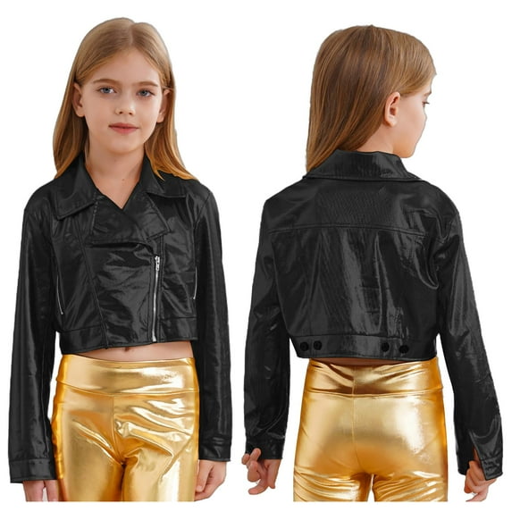 Doomiva Kids Girls Metallic Motorcycle PU Jacket Sparkly Zip Up Moto Biker Coat Outwear Boys Dancewear Streetwear Black 8
