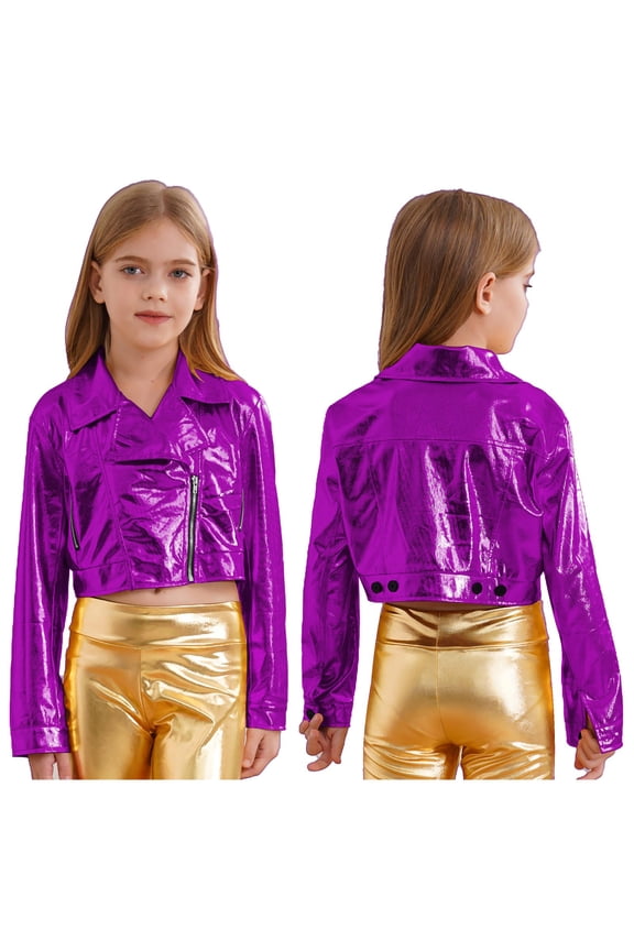 Kids Girls Metallic Motorcycle PU Jacket Sparkly Zip Up Moto Biker Coat Outwear Boys Dancewear Streetwear Purple 16