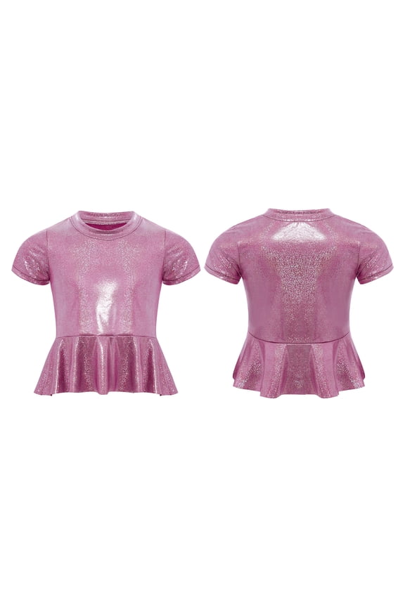 Kids Girls Metallic Peplum Tops Round Neck Short Sleeves T-shirt for Jazz Hip Hop Cheer Dance Performance Party Hot Pink 120
