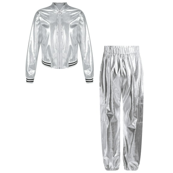 Doomiva Kids Girls Modern Hip Hop Jazz Dance Outfit Disco Party Long Sleeve Metallic Jacket and Pants Streetwear Silver 16