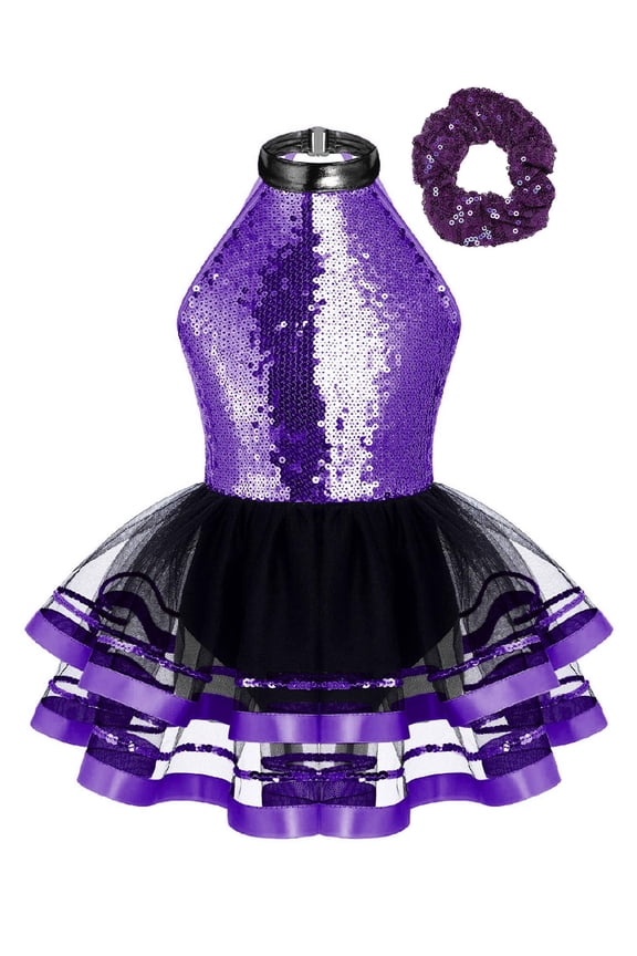Kids Girls Modern Jazz Latin Dance Dress Gymnastic Tutu Skirted Leotard Ballroom Dance Dress with Scrunchies Purple 14