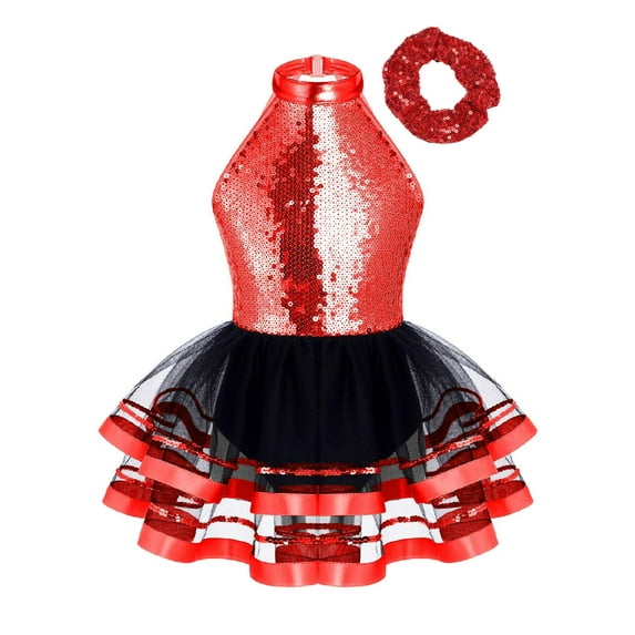 Doomiva Kids Girls Modern Jazz Latin Dance Dress Gymnastic Tutu Skirted Leotard Ballroom Dance Dress with Scrunchies Red 16