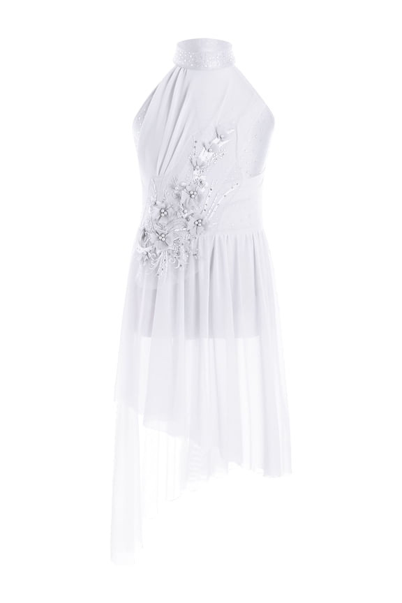 Kids Girls Modern Lyrical Dance Dress Sleeveless Ballet Leotard Applique Rhinestones Figure Skating Dress Ivory 6