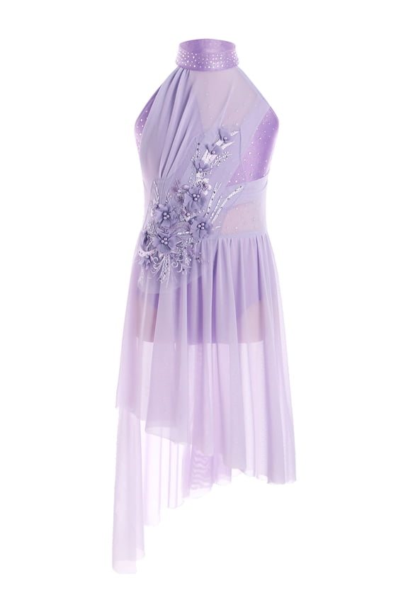 Kids Girls Modern Lyrical Dance Dress Sleeveless Ballet Leotard Applique Rhinestones Figure Skating Dress Light Purple 6