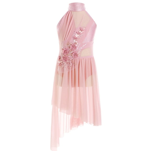 Doomiva Kids Girls Modern Lyrical Dance Dress Sleeveless Ballet Leotard Applique Rhinestones Figure Skating Dress Pink 10