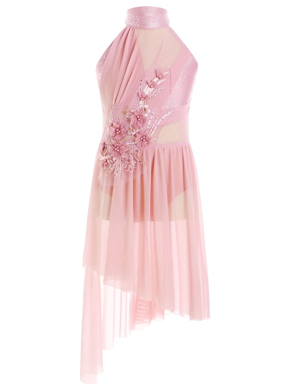 Kids Girls Modern Lyrical Dance Dress Sleeveless Ballet Leotard Applique Rhinestones Figure Skating Dress Pink 8