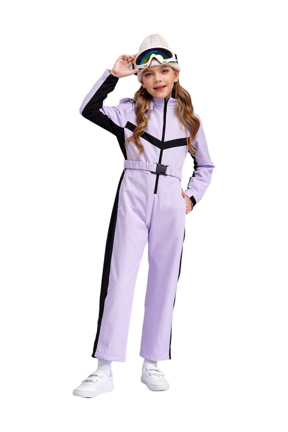 Kids Girls One Piece Snowsuits Color Block Hooded Ski Jumpsuit Warm Thick Waterproof Snowboard Bodysuit with Belt Purple 12