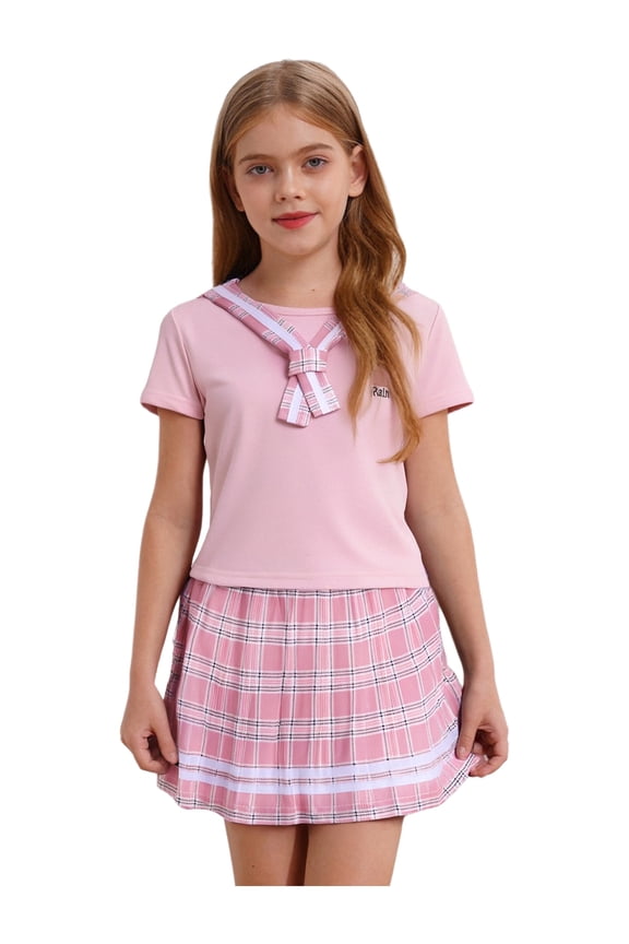 Kids Girls Plaid Mini Skirt Set Sailor Short Sleeve Top with Pleated Tartan Skirt School Uniform Outfit Pink 120