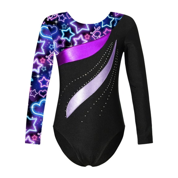 Doomiva Kids Girls Print Long Sleeve Gymnastics Dance Leotard Yoga Ballet Bodysuit Biketard Unitard A Starry Sky Black 8
