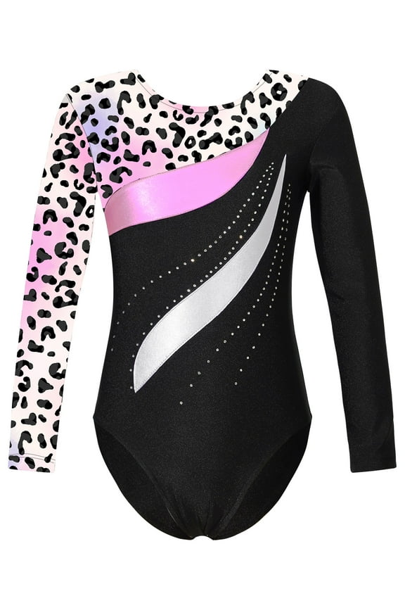 Kids Girls Print Long Sleeve Gymnastics Dance Leotard Yoga Ballet Bodysuit Biketard Unitard Leopard Colorful 14