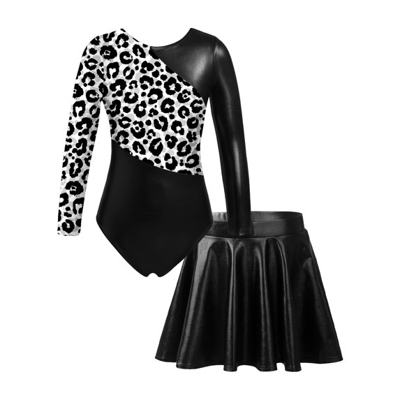Doomiva Kids Girls Printed Patchwork Long Sleeve Gymnastics Ballet Dance Leotard Bodysuit with Pleated Skorts Skirt Set Black 10