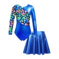 thumbnail image 1 of Doomiva Kids Girls Printed Patchwork Long Sleeve Gymnastics Ballet Dance Leotard Bodysuit with Pleated Skorts Skirt Set Royal Blue 14, 1 of 7