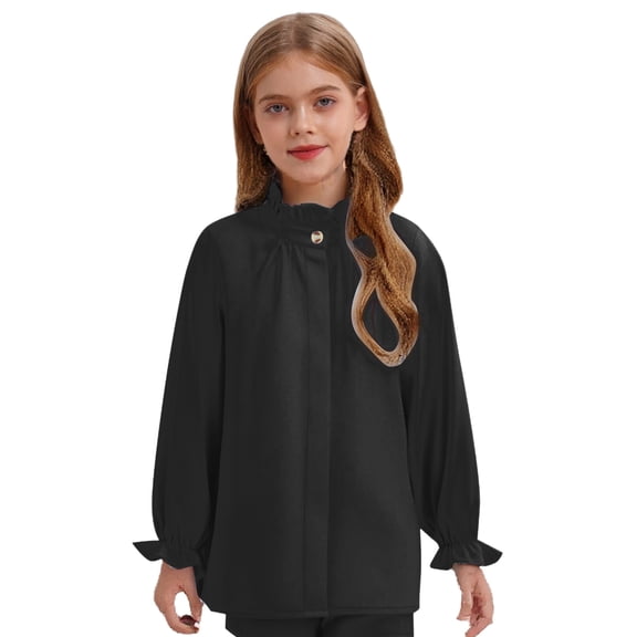 Doomiva Kids Girls Puff Long Sleeve Semi Formal Blouse Top Ruffle Collar Loose Button Down Uniform Shirt Black 120