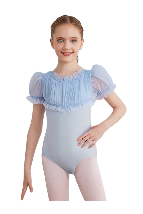 Kids Girls Puff Sleeve Ballet Leotard Toddler Dance Mesh Spliced Gymnastics Bodysuit Outfit Light Blue 160
