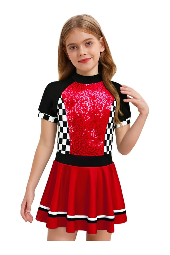 Kids Girls Race Car Driver Dress Checkerboard Shiny Sequin Dance Leotard Red 10
