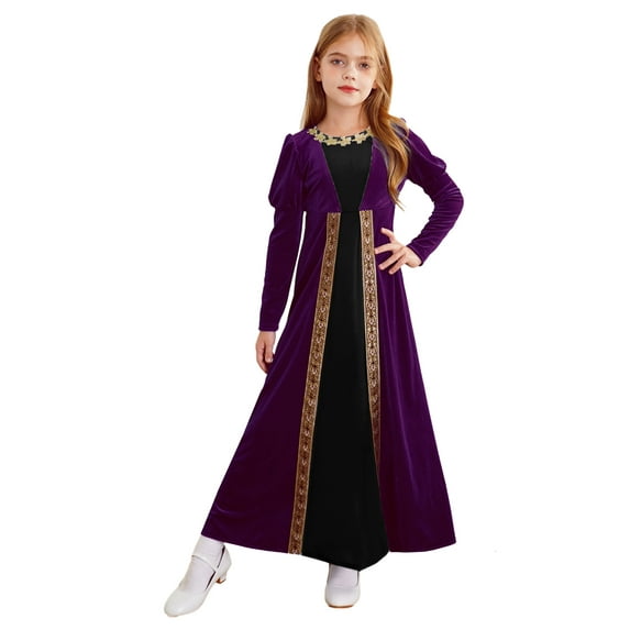 Doomiva Kids Girls Renaissance Maxi Dress Velvet Medieval Princess Victorian Queen Gown Purple 6