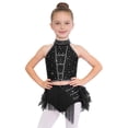 thumbnail image 1 of Doomiva Kids Girls Rhinestone Dance Crop Top and Tassel Feather Briefs Skirt 2 Piece Ballet Gym Latin Jazz Dance Outfit Black 14, 1 of 7