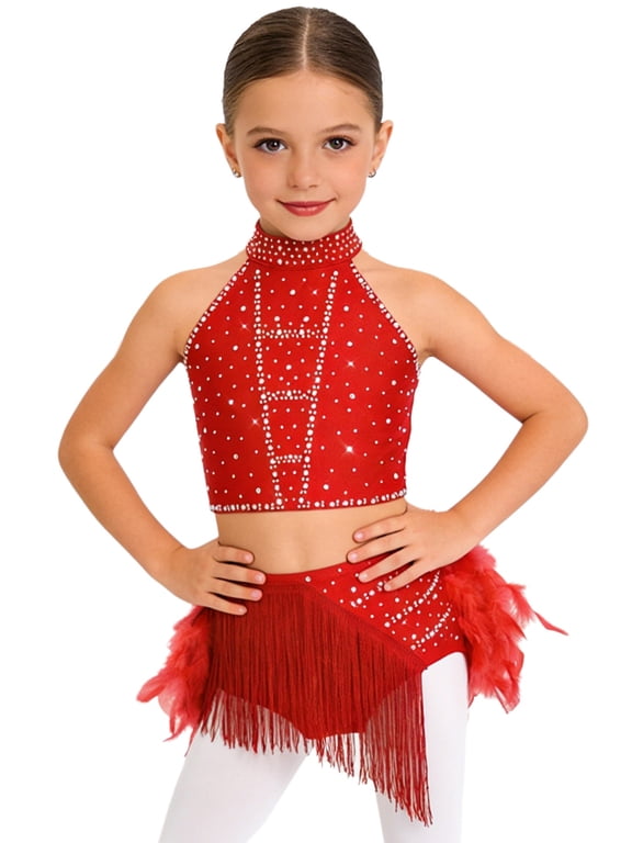 Kids Girls Rhinestone Dance Crop Top and Tassel Feather Briefs Skirt 2 Piece Ballet Gym Latin Jazz Dance Outfit Red 8