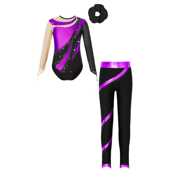 Doomiva Kids Girls Rhinestone Long Sleeve Gymnastics Leotard Bodysuit Ballet Dance Unitard with Pants Hair Band Set Purple&Black 12