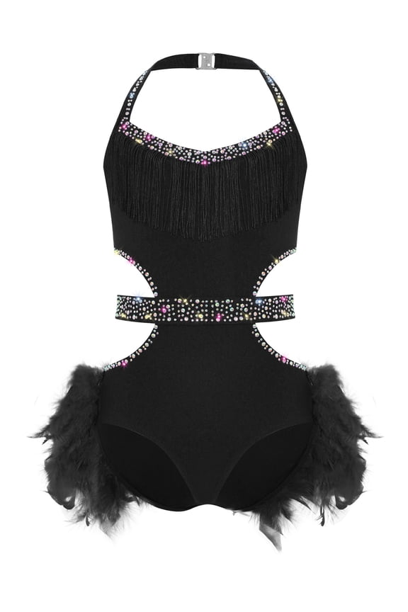 Kids Girls Rhinestone Sleeveless Ballet Skirted Bodysuit Feather Jazz Latin Dance Leotard Performance Dancewear Black 12