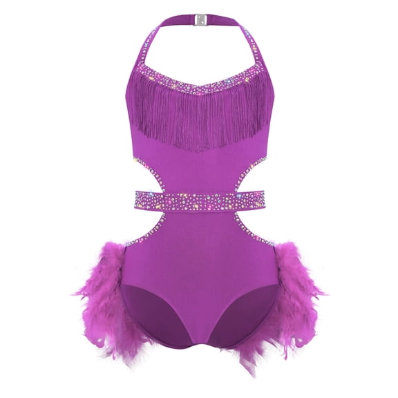 Doomiva Kids Girls Rhinestone Sleeveless Ballet Skirted Bodysuit Feather Jazz Latin Dance Leotard Performance Dancewear Purple 14