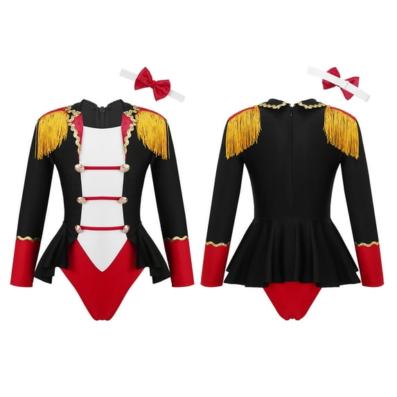 Doomiva Kids Girls Ringmaster Circus Show Halloween Dress-up Long Sleeve Leotard Tuxedo Showman Dancewear Black 8